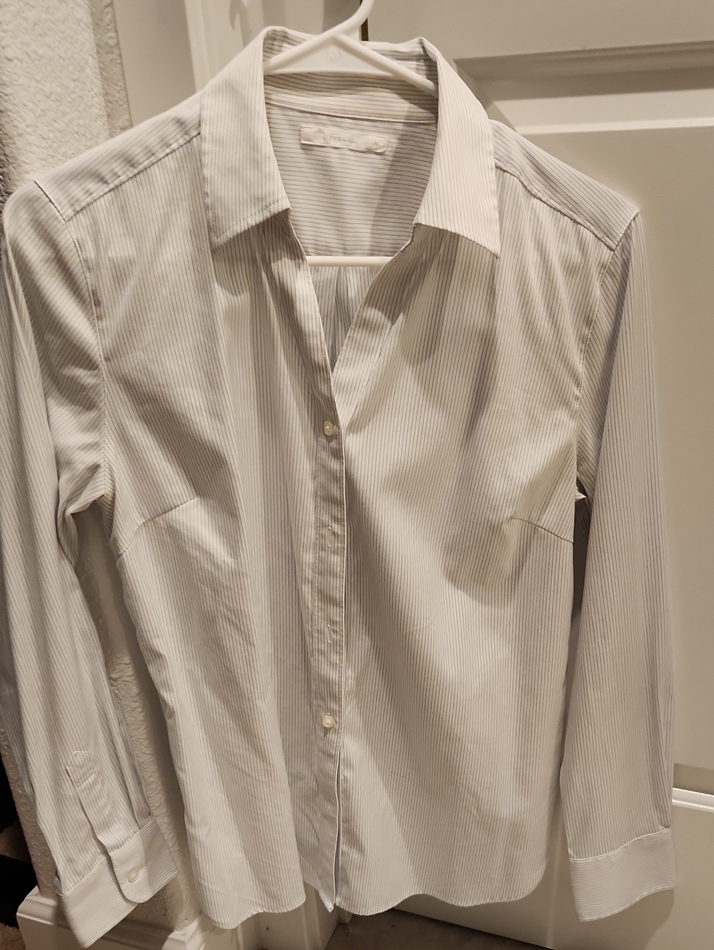 Uniqlo Women's Long-Sleeve Shirt - White with Subtle Gray Pinstripes